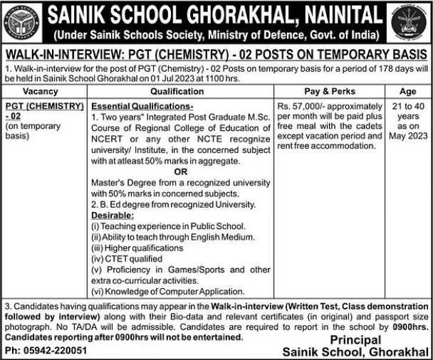 PGT Recruitment in Sainik School Ghorakhal Nainital